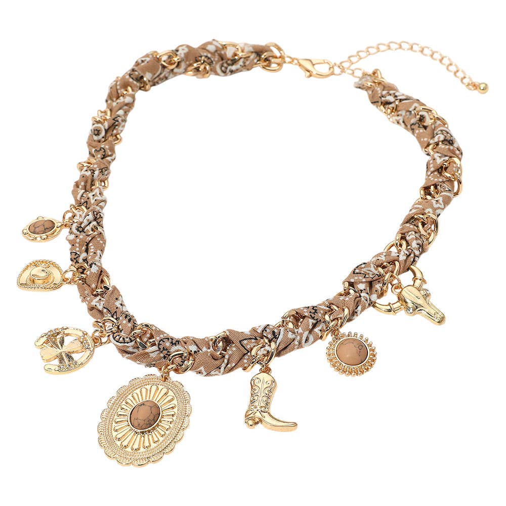 Western Themed Charm Fabric Braided Necklace: Beige,Gold