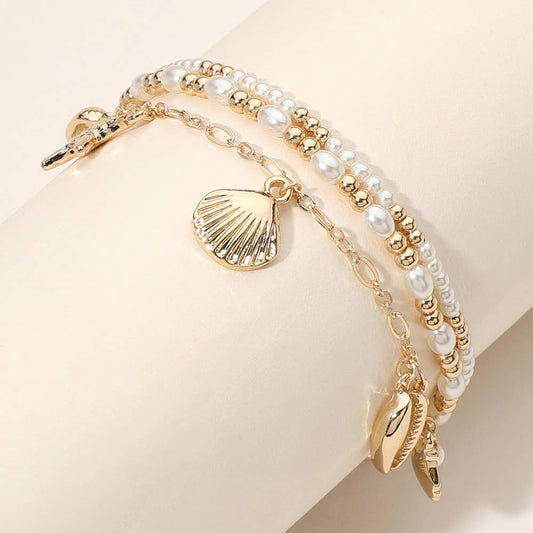 3PCS Starfish Puka Charm Pearl Bead Stretch Layer Bracelets