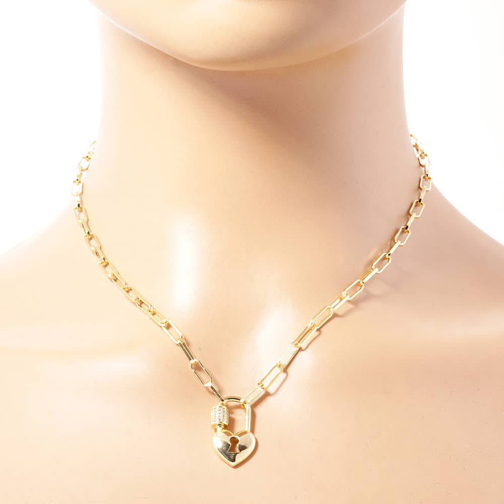 J17. Gold Dipped CZ Paved Heart Pendant Paperclip Chain Necklace