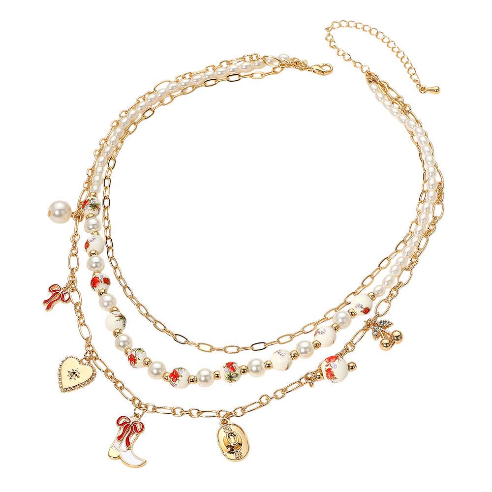 Western Cowboy Boot Hat Bow Cherry Heart Charm Station Pearl Floral Ceramic Ball Beaded Layered Necklace: Gold Green