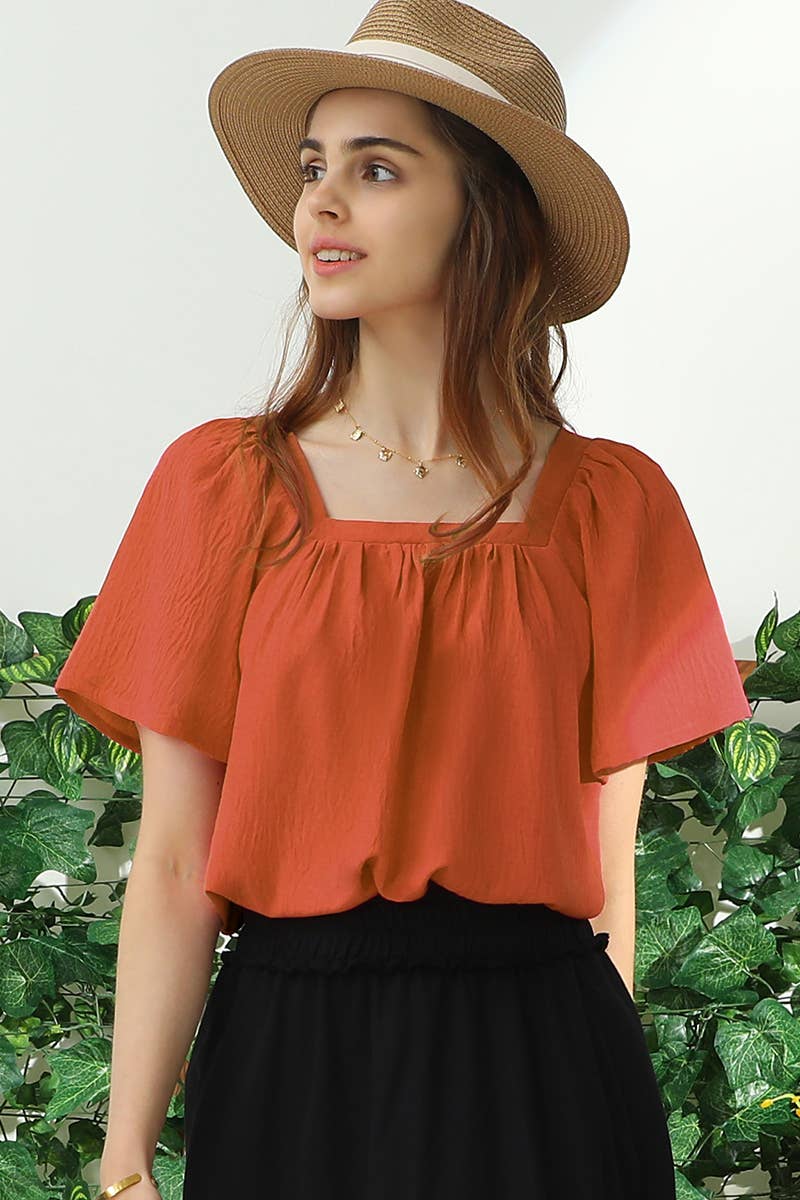 PLUS SQAURE NECK RUFFLE NECK SHORT SLEEVE BLOUSE