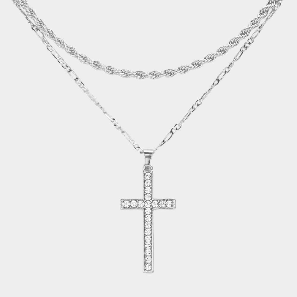 Stone Paved Cross Pendant Double Layered Necklace