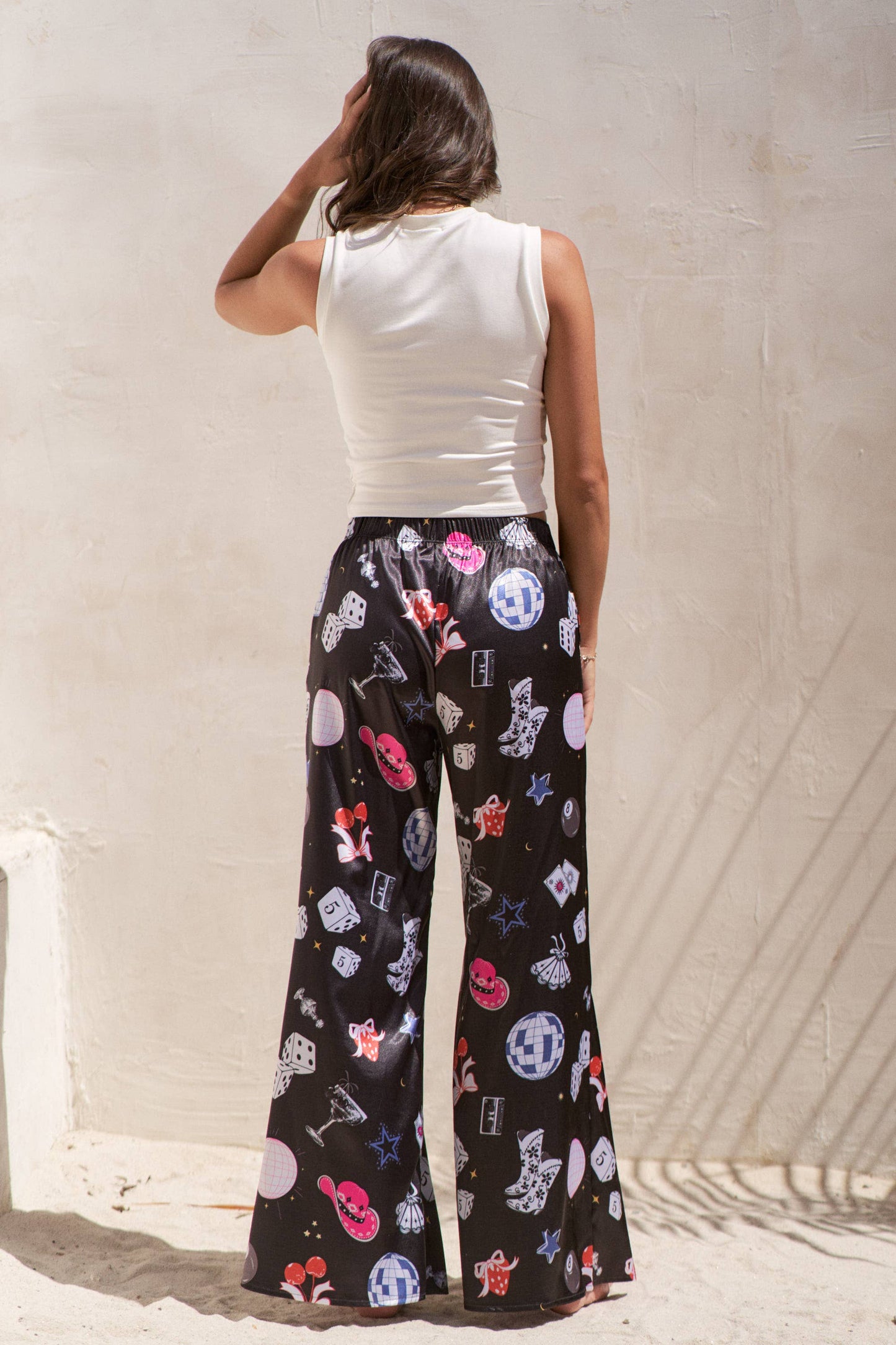 PARTY COLLAGE SATIN PANTS: Black / M