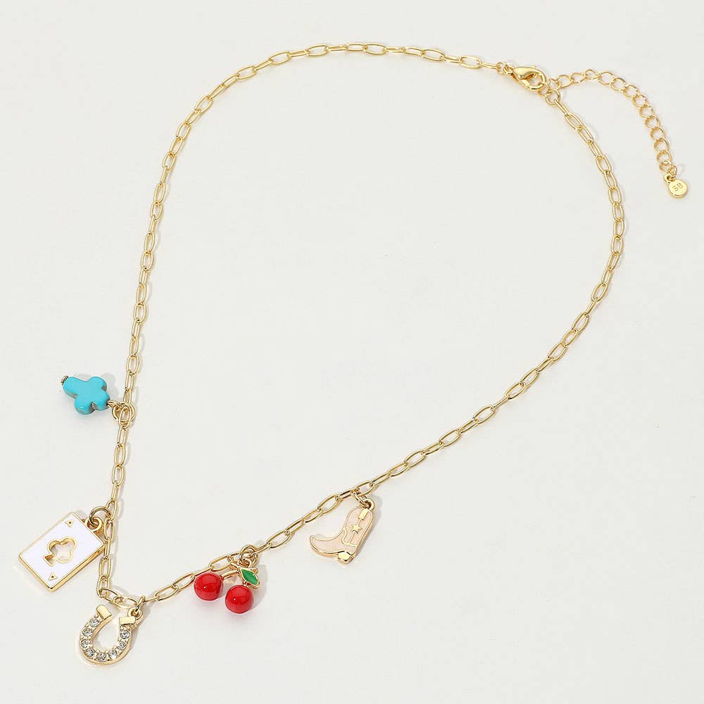 SECRET BOX_14K Gold Dipped Western Horseshoe Cowboy Boot Cross Playing Card Cherry Charm Station Paperclip Chain Necklace: Gold