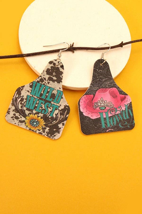 WESTERN PRINT PU LEATHER EARRINGS | 40E244: HOWDY