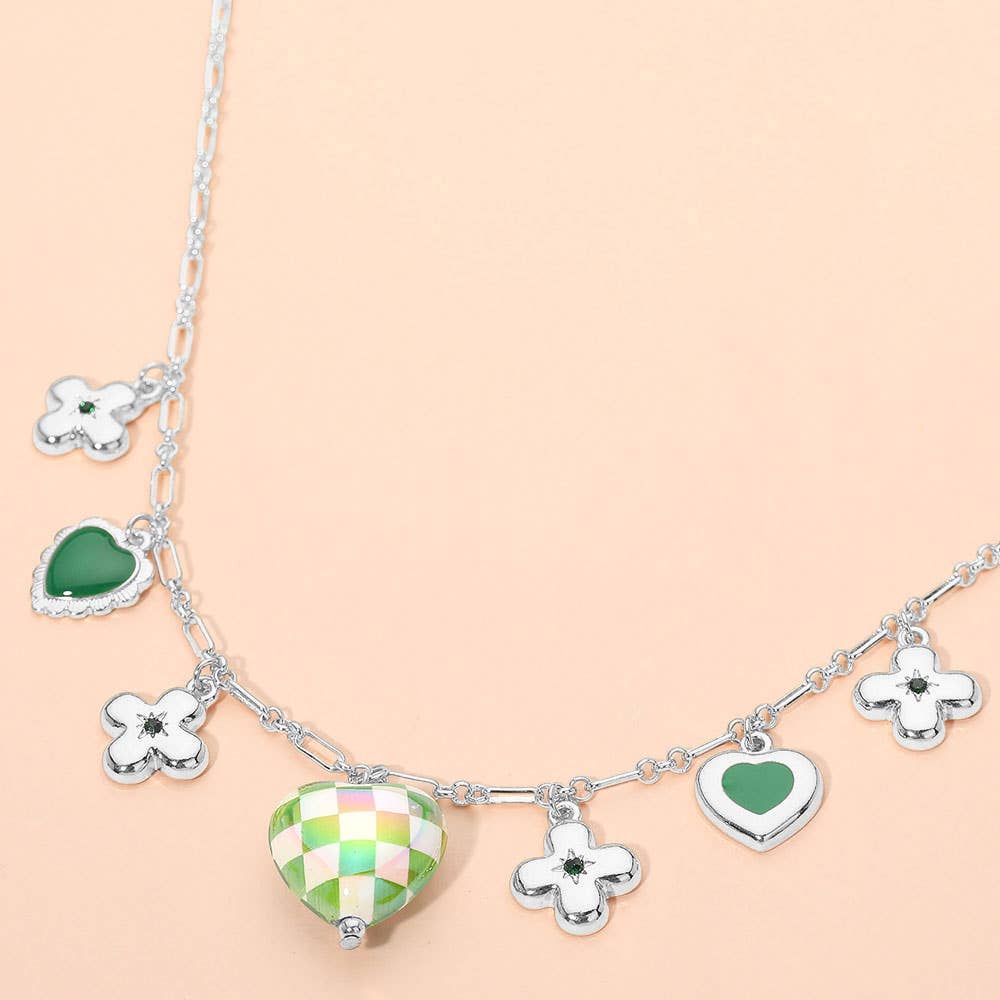 Heart Flower Motif Charm Station Necklace