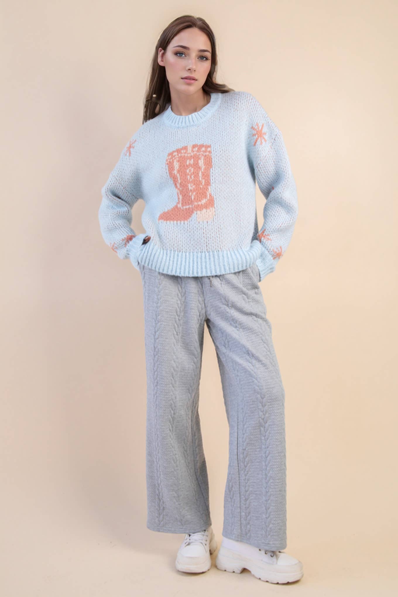 12W3402N-Cowboy Boots Graphic Print Knit Sweater
