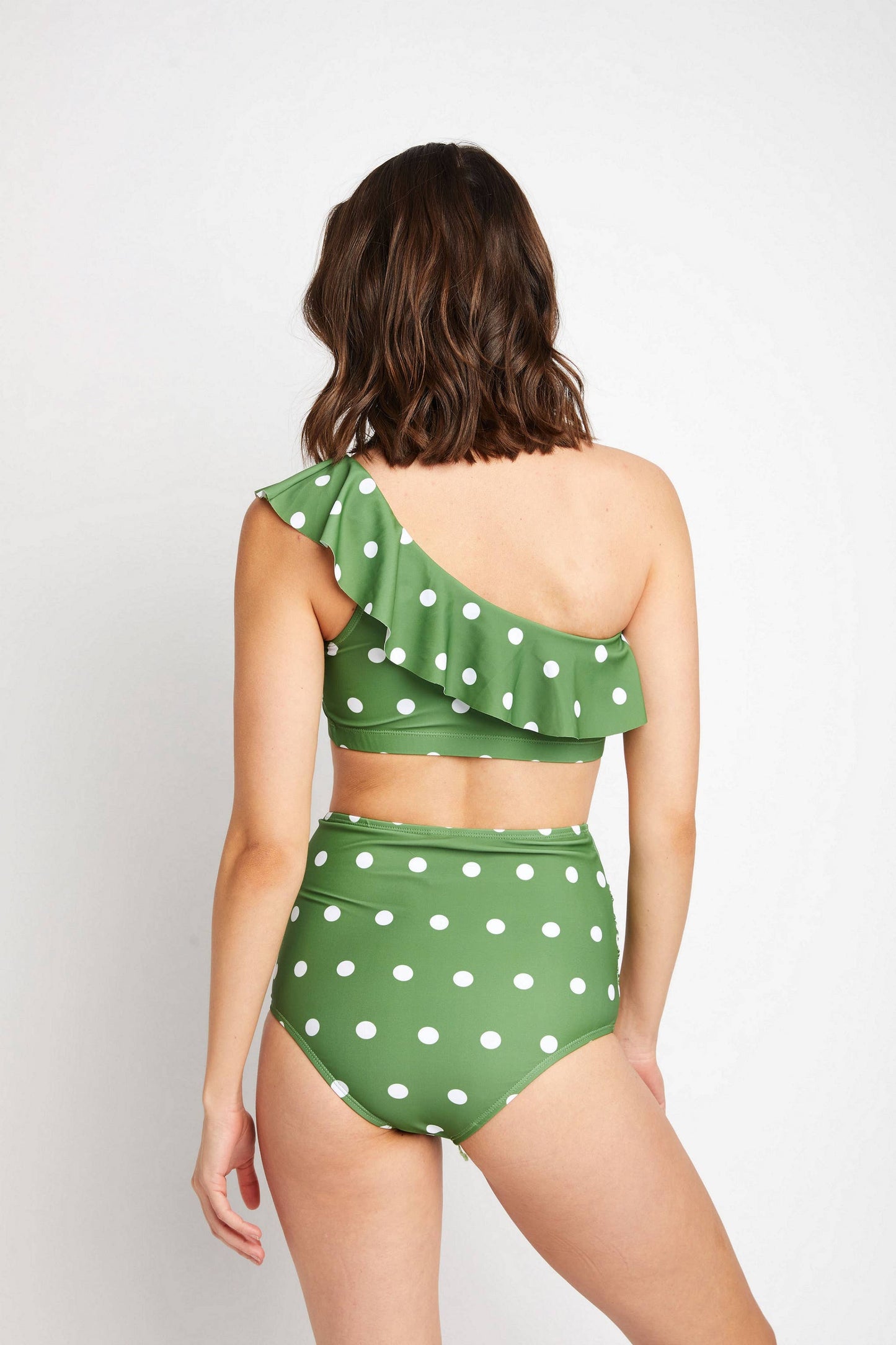 One-Shoulder High Waisted Bikini 2pcs-B2812_Olive Wht Dot