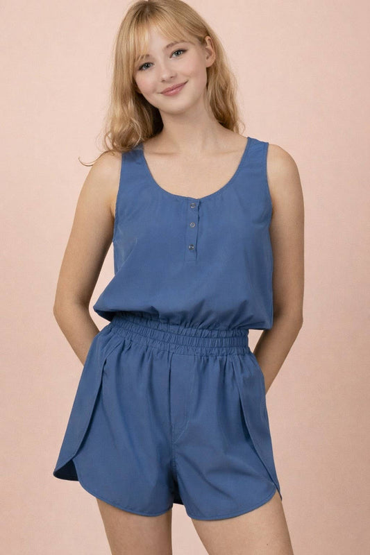 Blue Button Down Activewear Romper