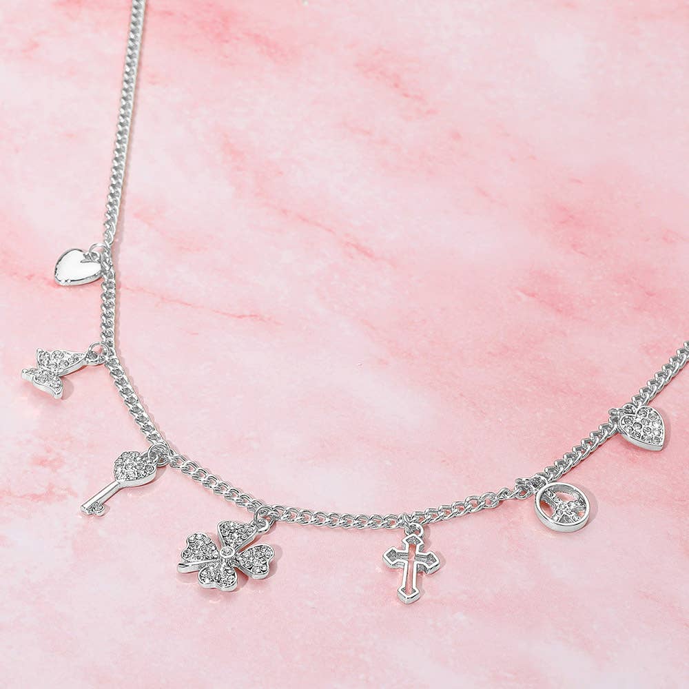 Gold Dipped Clover Heart Cross Key Charm Station Necklace: Clear,Rhodium