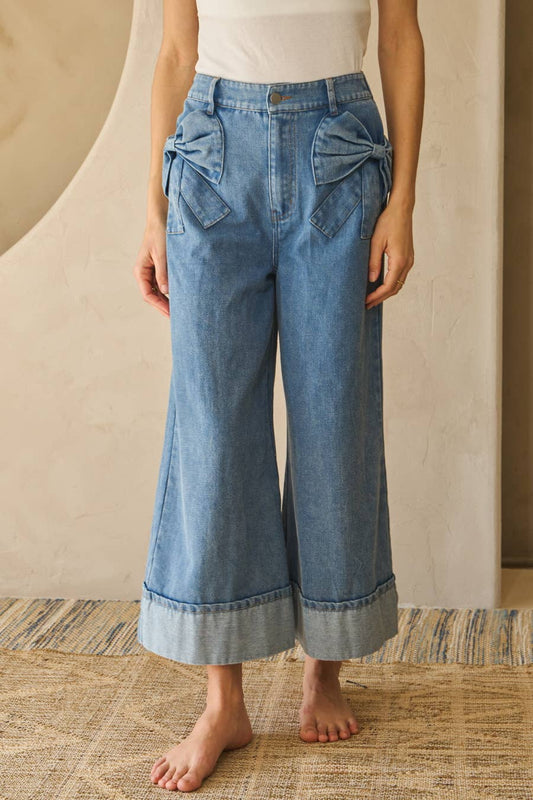 Washed Denim Wide Leg Pants: Washed Denim / S