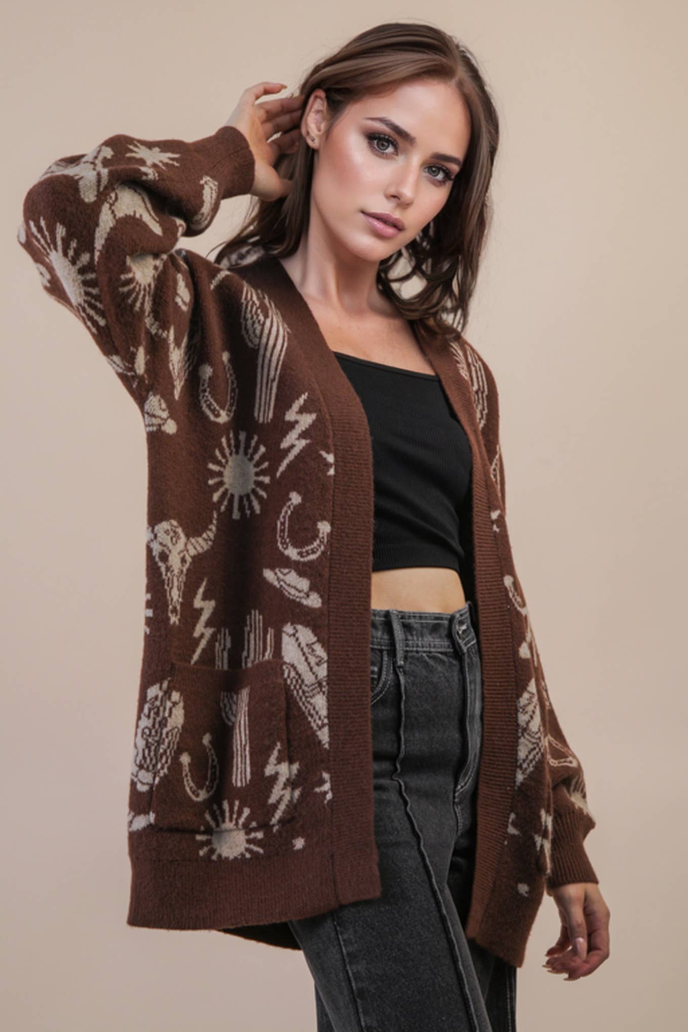 12W3393N-Oversized Western Graphic Knit Sweater Cardigan