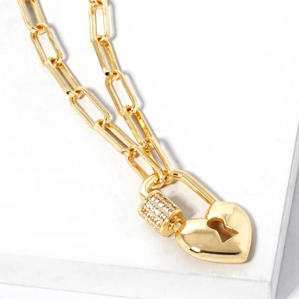 J17. Gold Dipped CZ Paved Heart Pendant Paperclip Chain Necklace