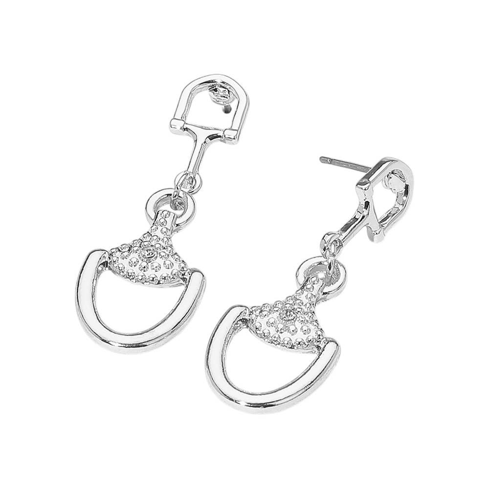 Rhinestone Accent Modern Horsebit Link Drop Earrings
