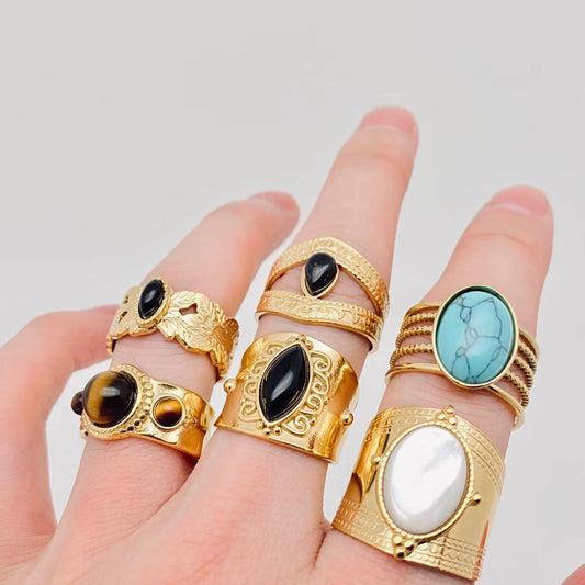 Vintage Stainless Steel Inlaid Natural Stone Rings - FGS/CS