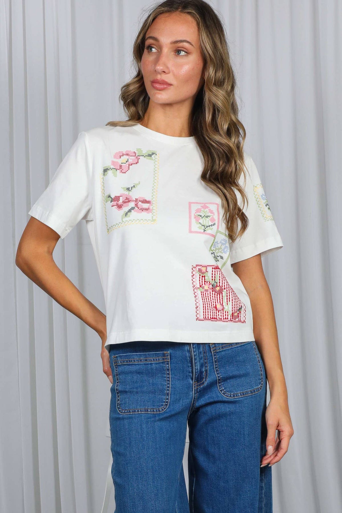 Vine & Love Cross-Stitch Embroidered 100%Cotton Top