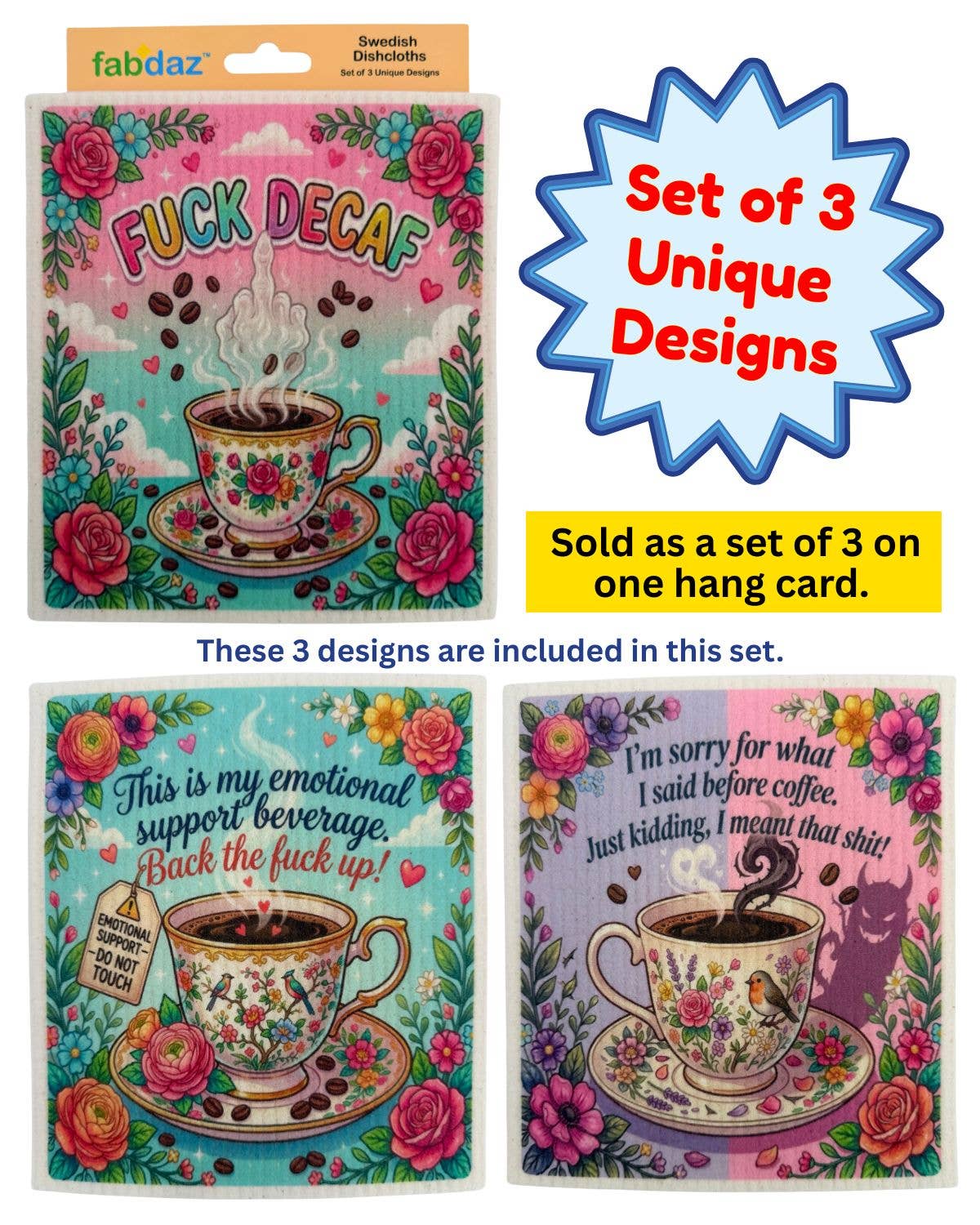 Funny Coffee Sayings - Set of 3 - Swedish Dishcloths