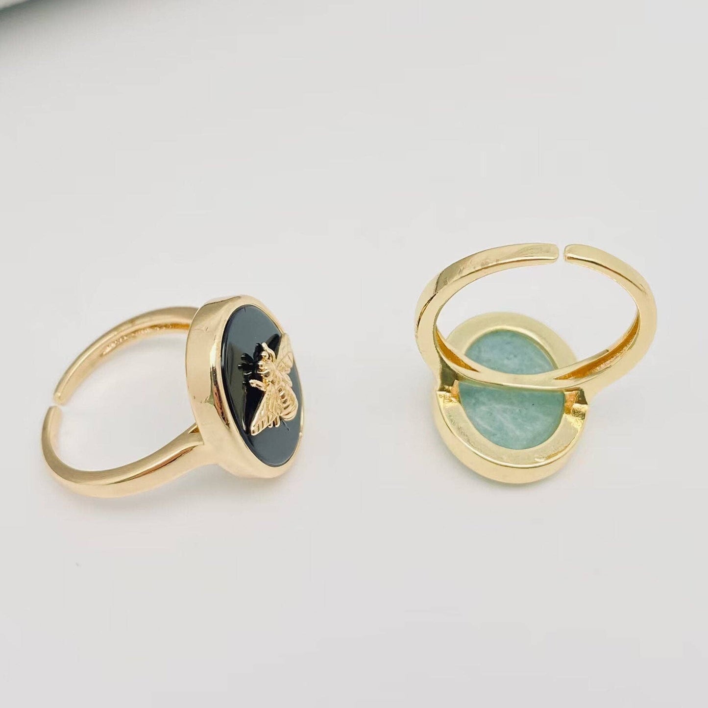 Natural Stone Golden Bee Opening Adjustable Ring - CS
