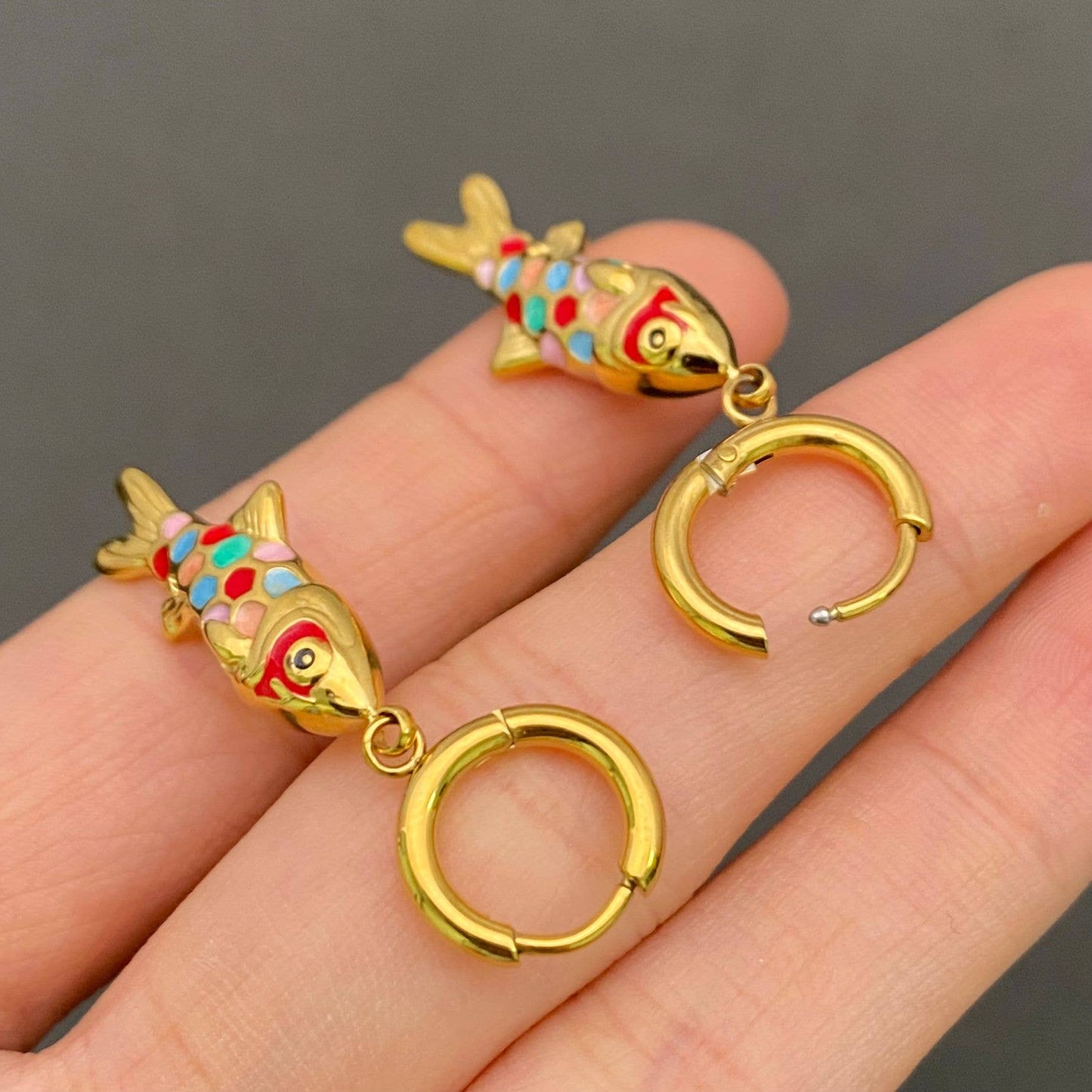 M9. Colored Enamel Fish 18K Gold Plated Huggie Earrings