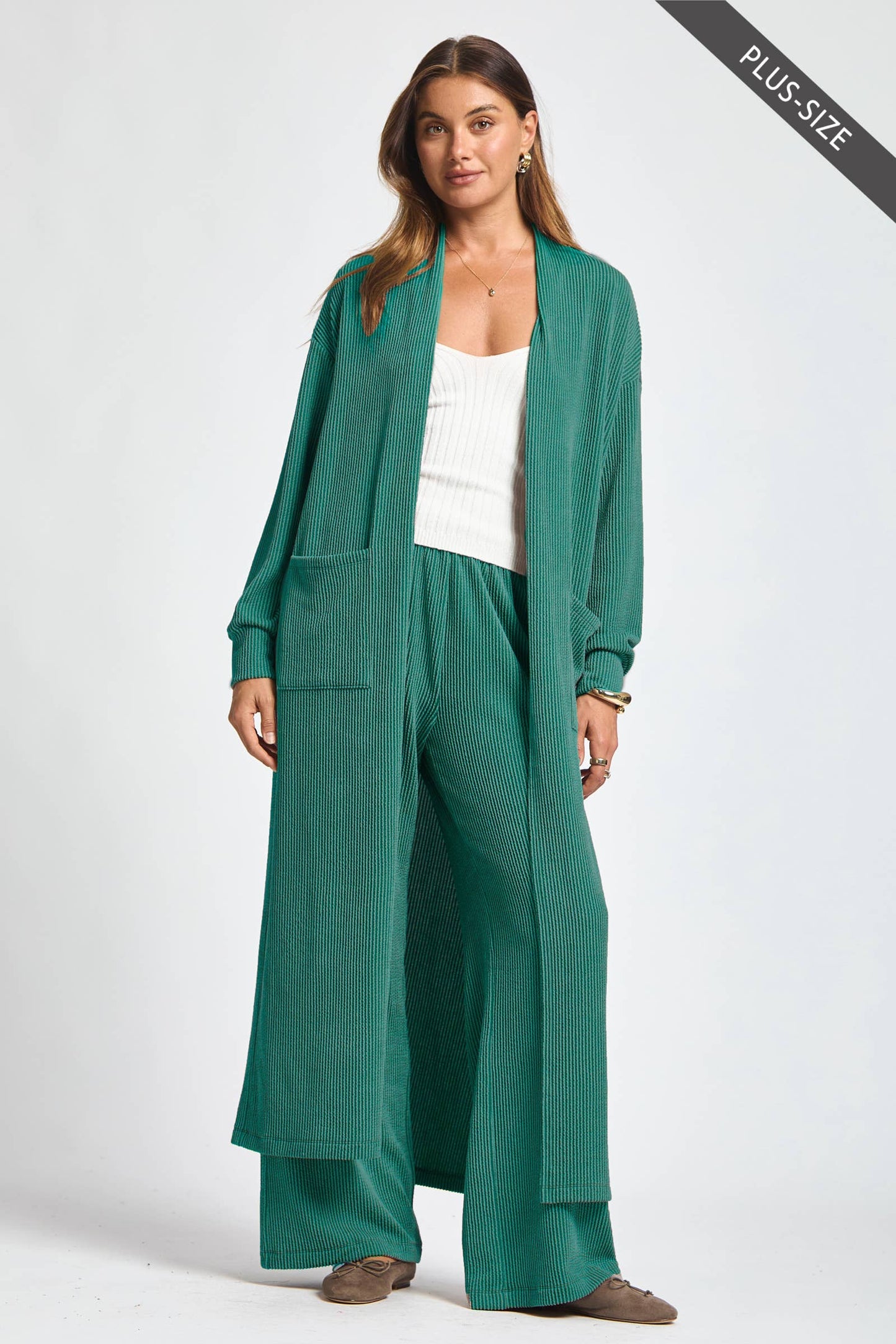 PLUS SIZE Longline Cardigan + Relaxed Pants 2 Piece Set: RED / XL