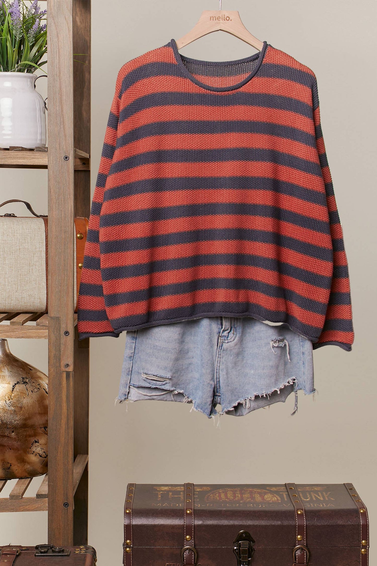 Casual Striped Sweater: Rust / M