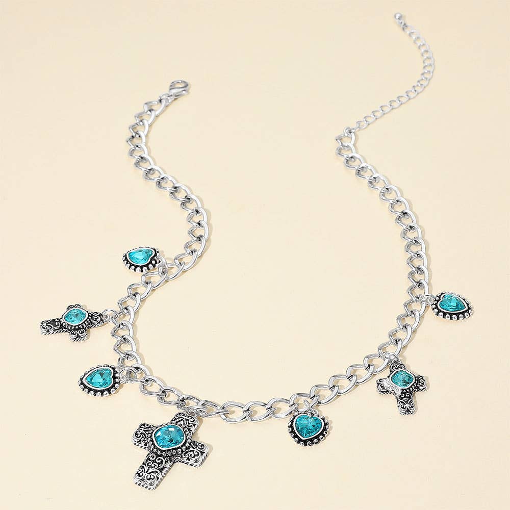 Vintage Stone Accent Cross Heart Charm Station Necklace: Antique Silver,Aqua