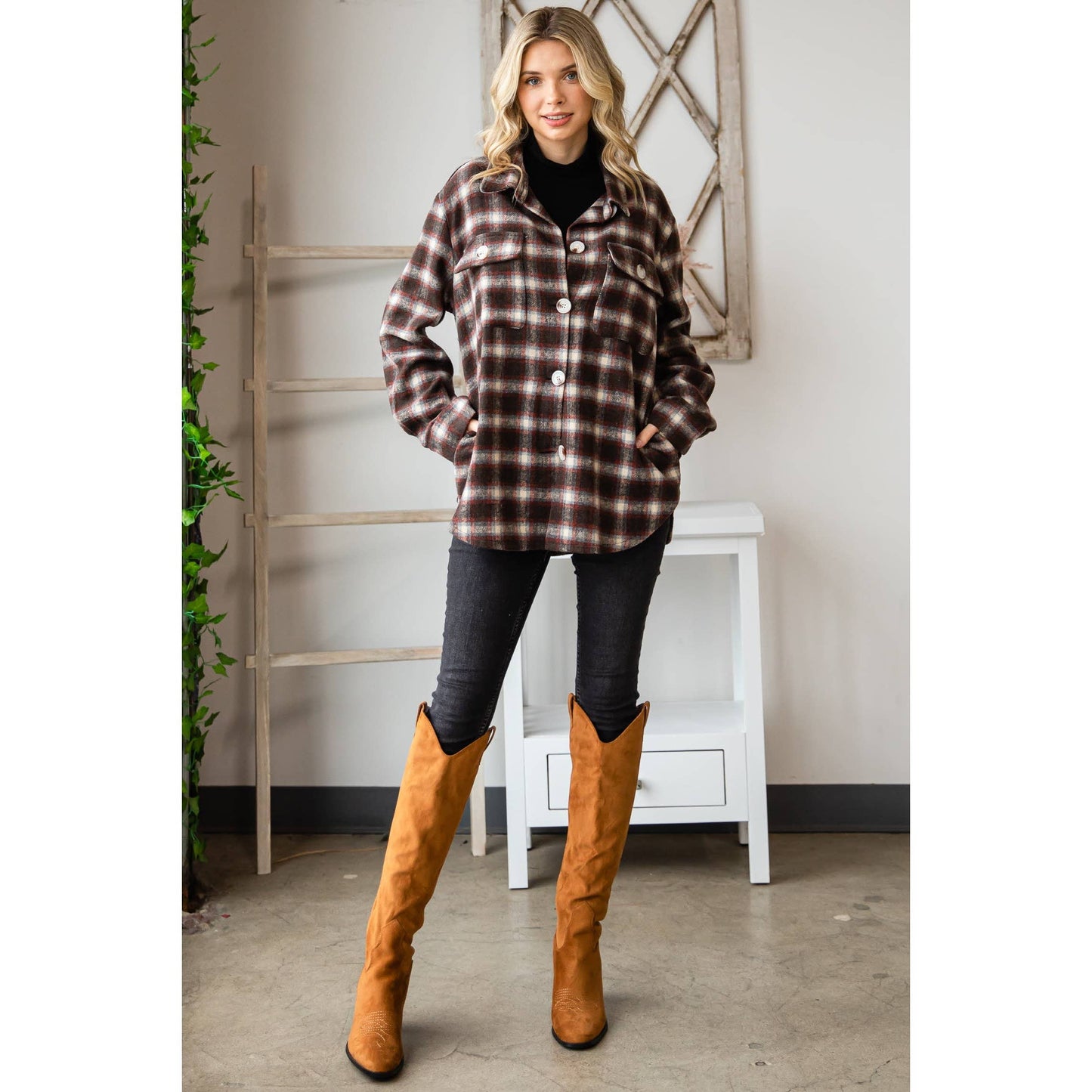 VJ71471 - Classic Plaid Shirts Jacket: Brown Combo / L
