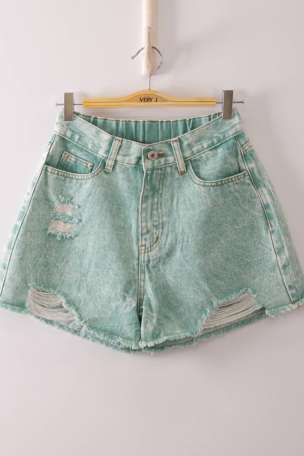 VJP90066-VERY JEAN Mineral Washed Denim Distressed Shorts