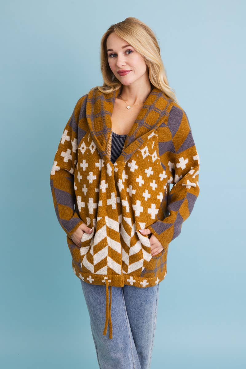 Sierra Spirit Geometric Street Style Knit Cardigan: Black