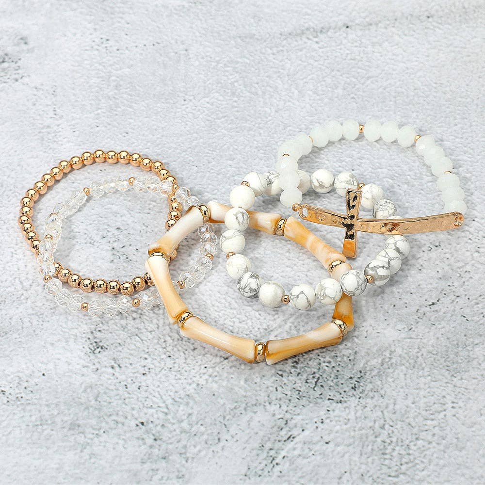 5PCS - Metal Cross Accent Resin Bamboo Bar Faceted Beaded Stretch Multi Layered Bracelets