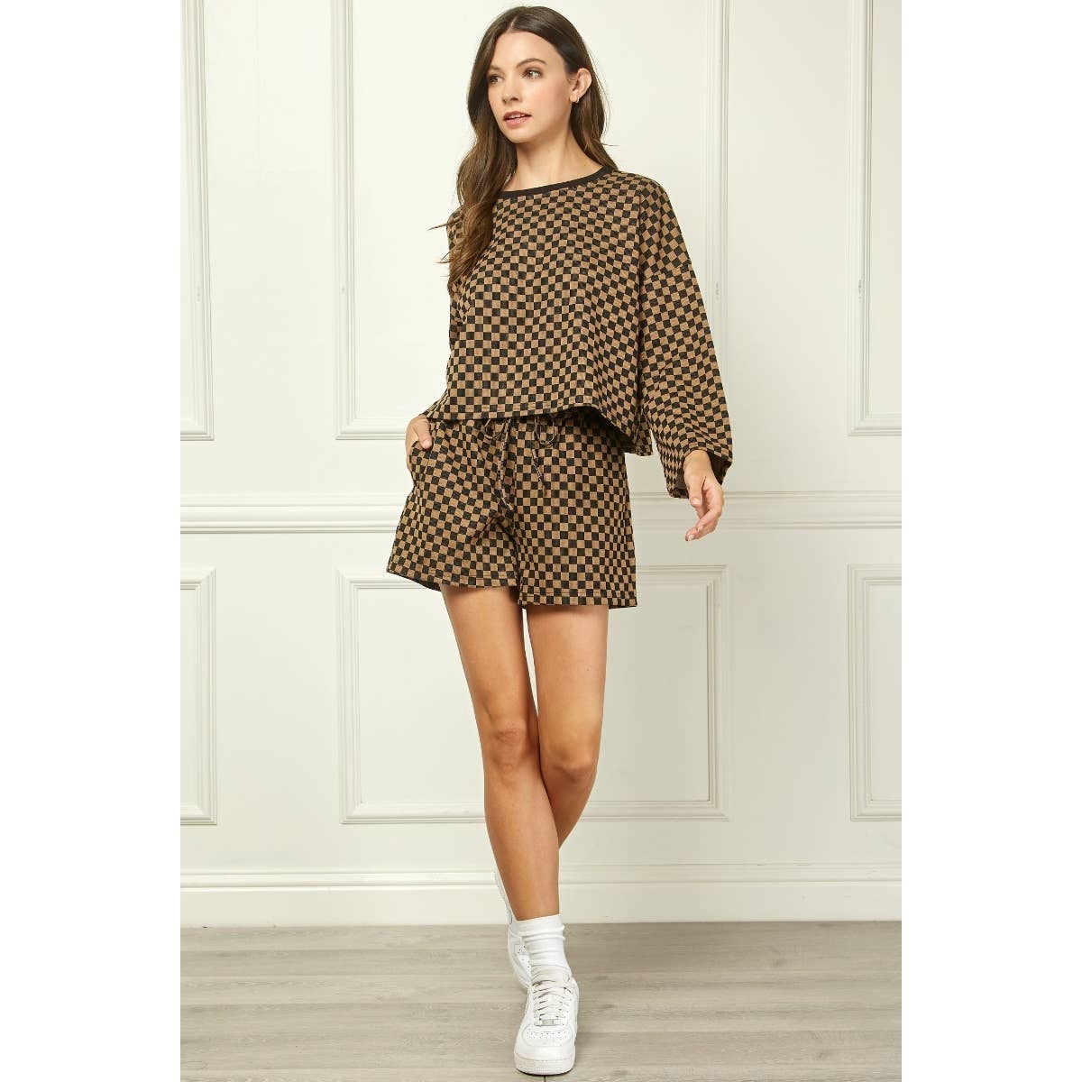 Checker Jersey Drawstring Short : Brown / M