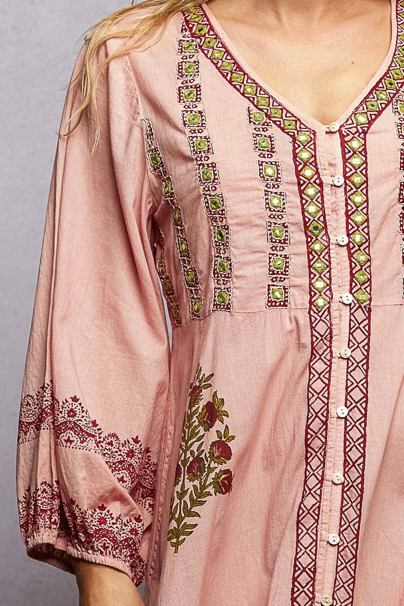 Embroidered Floral Print V-Neck Balloon Sleeve Maxi Dress
