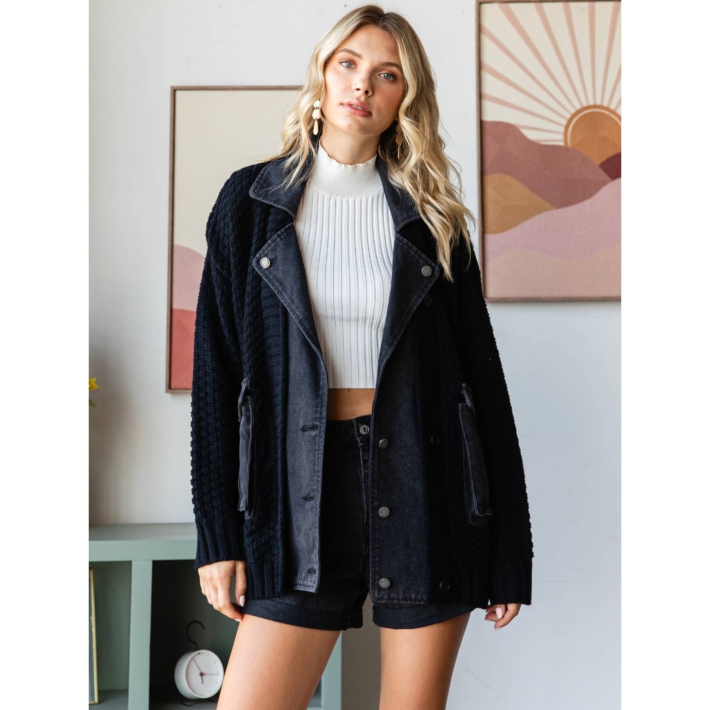 Knit Body Denim Layerd Jacket: Grey / Denim / S