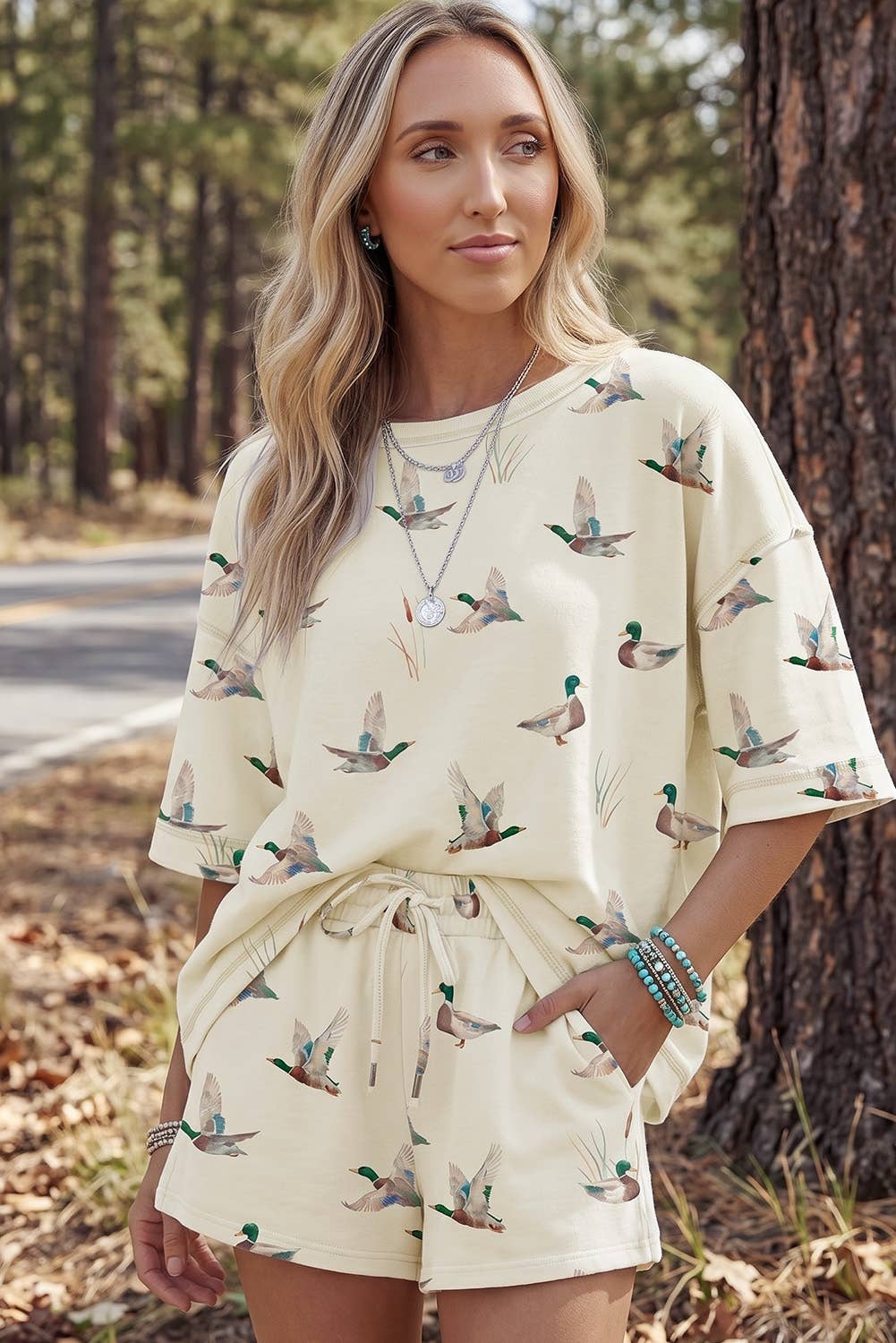 Fall Mallard Duck Print Oversized Tee Drawstring Short Set
