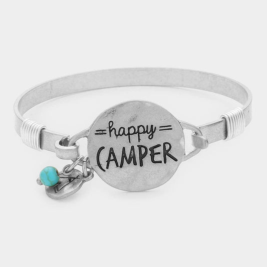 Happy Camper Message Charm Hook Bracelet: Silver Burnished