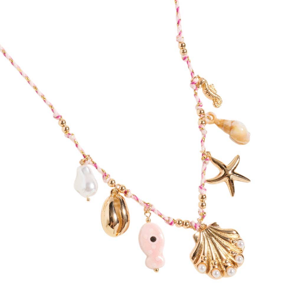 J5. Pearl Seashell Starfish Seahorse Charm Station Fabric Chain Twisted Necklace