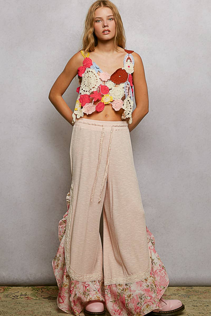 Floral Pattern Ruffle Detail Ribbed Knit Pants