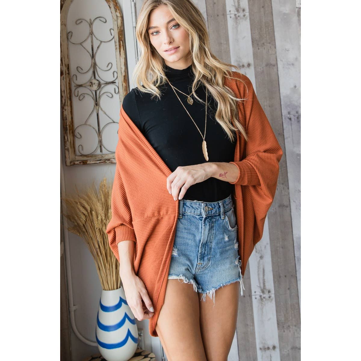 J70802 - Urban Knit Shawl Open Front Cardigan: Olive / L