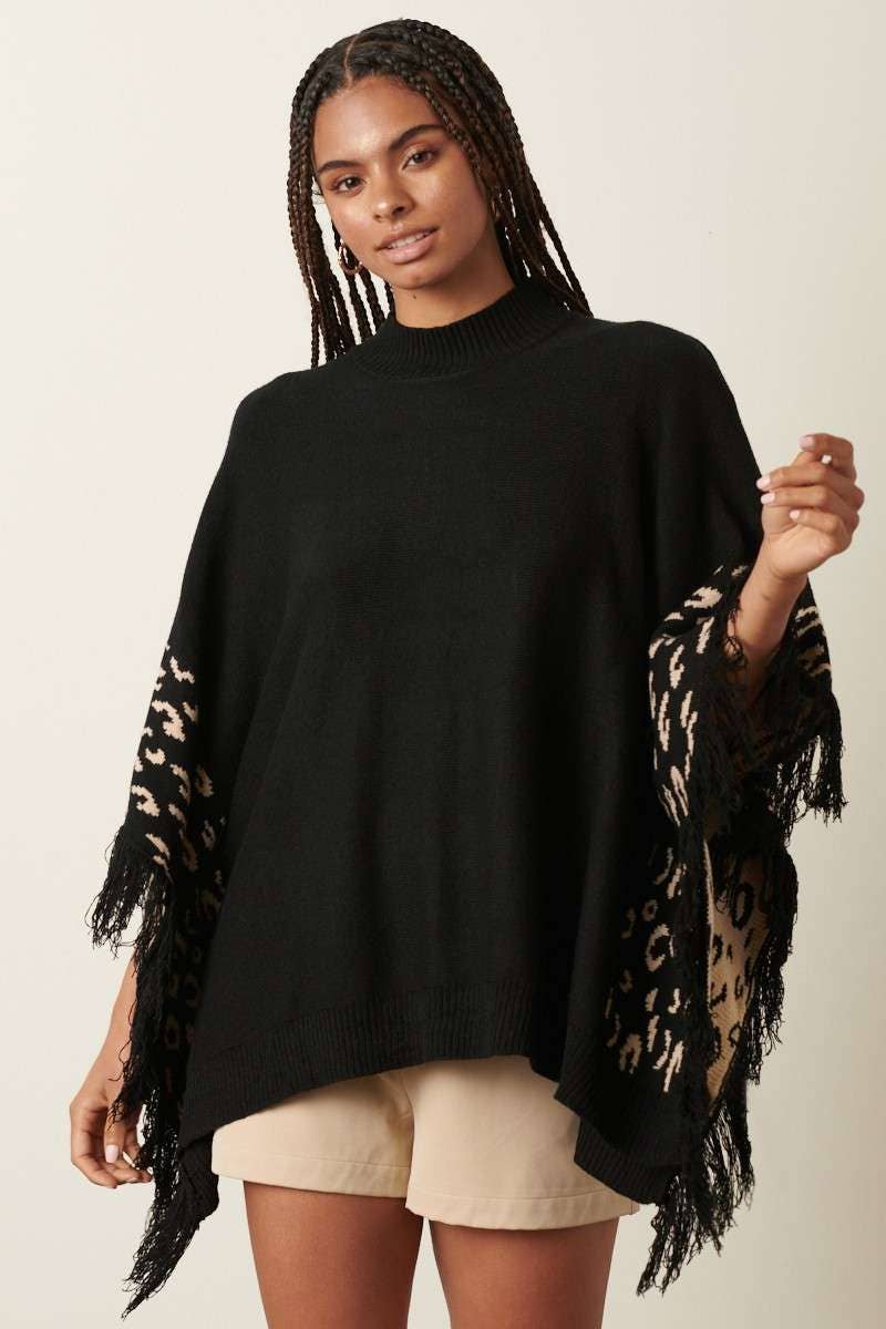 ANIMAL PRINT DETAIL TASSEL OVERSIZED PONCHO