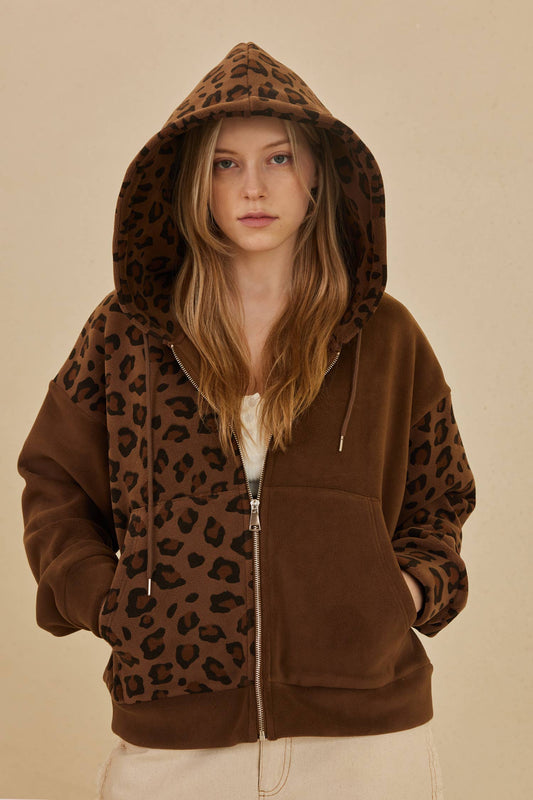 Zip Up hooded Sweatshirt with Leopard Print: Brown / L