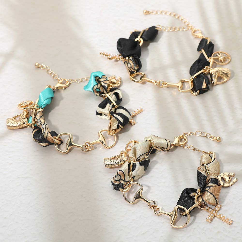 Horsebit Link Center Horse Horseshoe Pearl Cross Starburst Charm Station Fabric Bracelet: Gold,Turquoise
