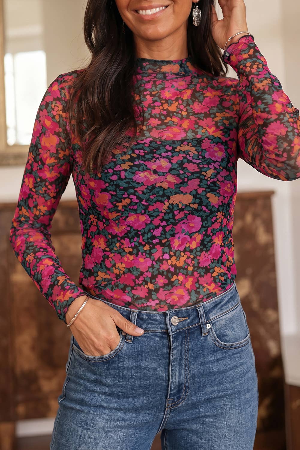 Mesh Long Sleeve Mock Neck Top