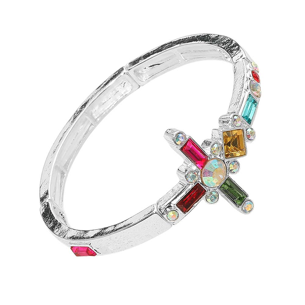 Mixed Stone Cross Accent Stretch Bracelet