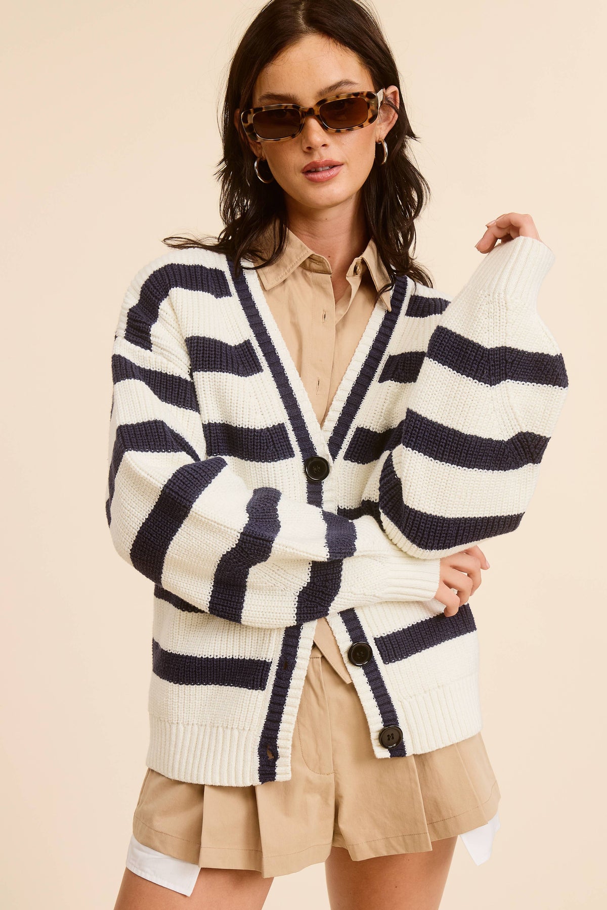 Navy Baggy Fit Stripe Knit Cardigan