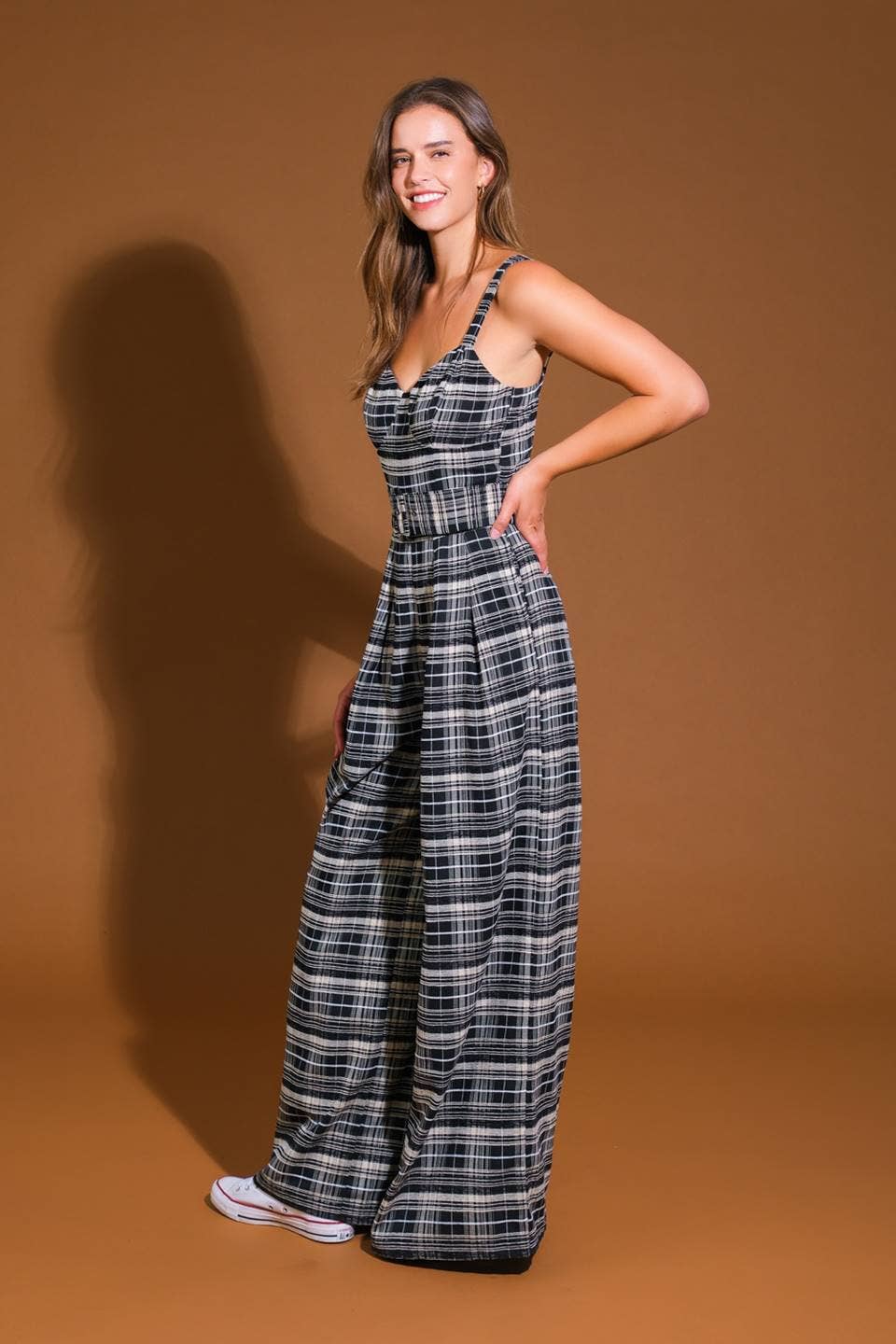 Flying Tomato woven plaid jumpsuit