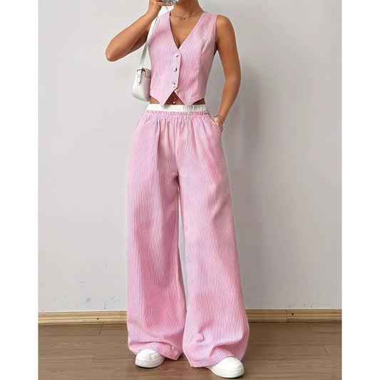Striped Vest and Wide Leg Pants Two Piece Set