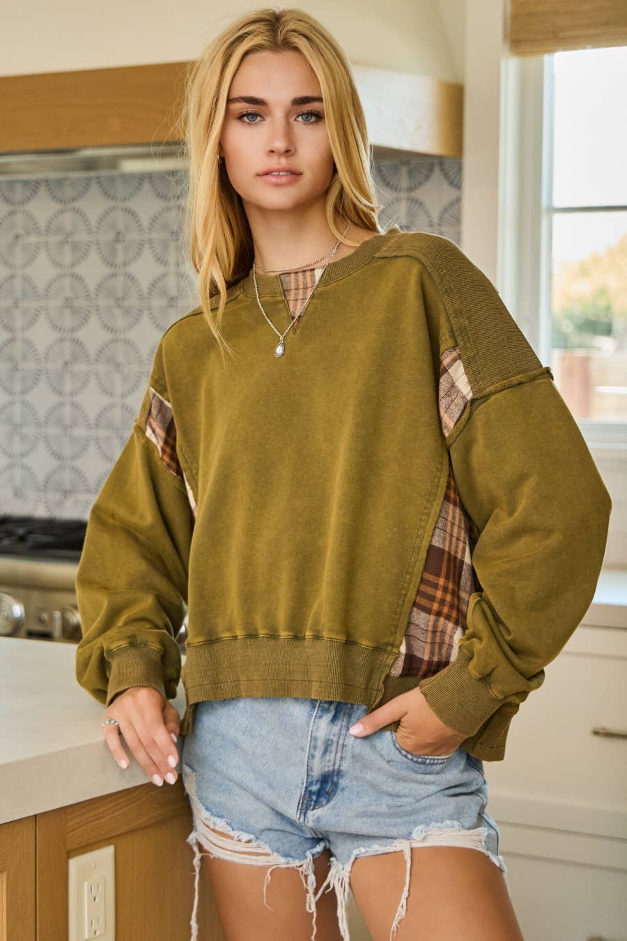 Acid Washed Plaid Sweatshirts: Washed Black / S