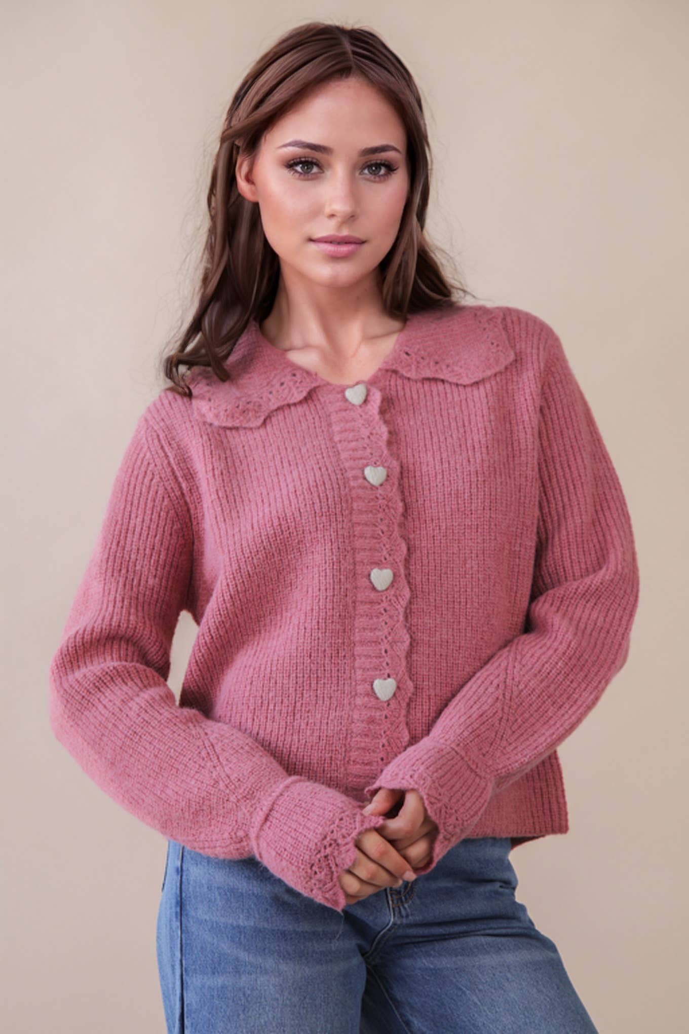 12W3445N-Heart Button Down Knit Sweater Cardigan