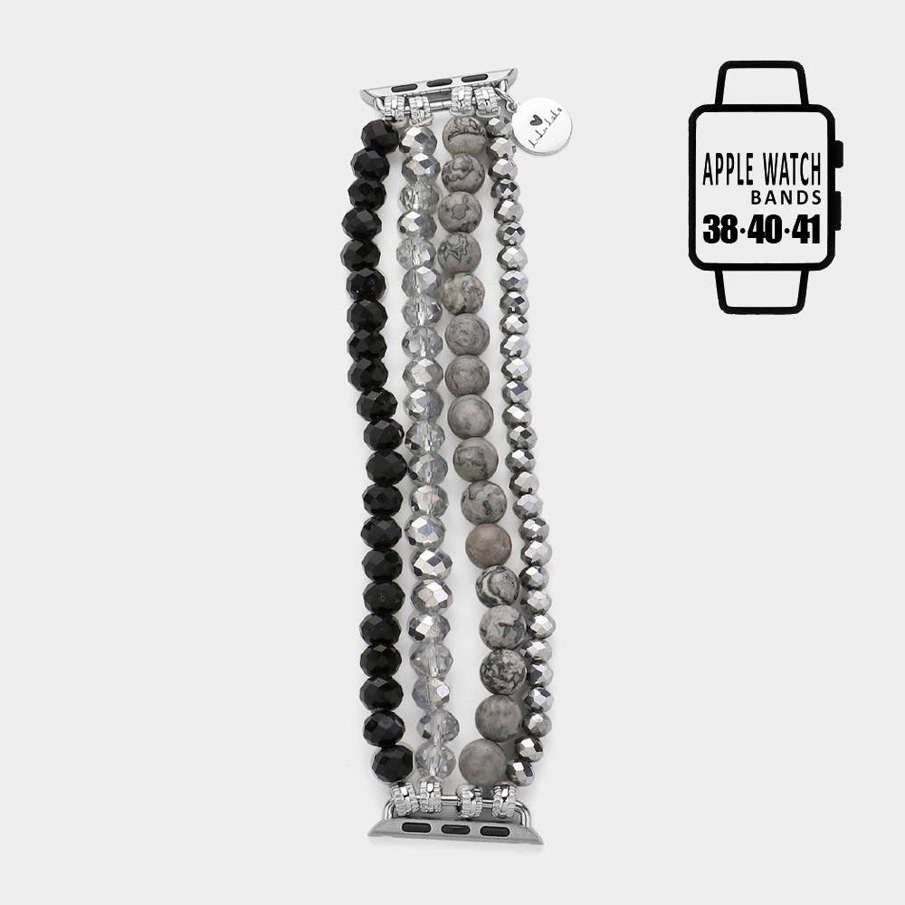 Faceted Beads Natural Stone Beaded Multi Layered Apple Watch Band: Gold,Pink