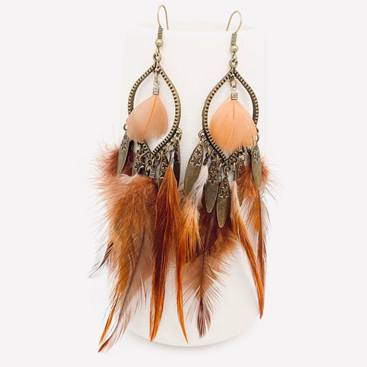 Bohemian Feather Metal Tassel Dangle Earrings